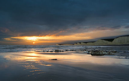 The Seven Sisters chalk cliffs along the coast of East Sussex